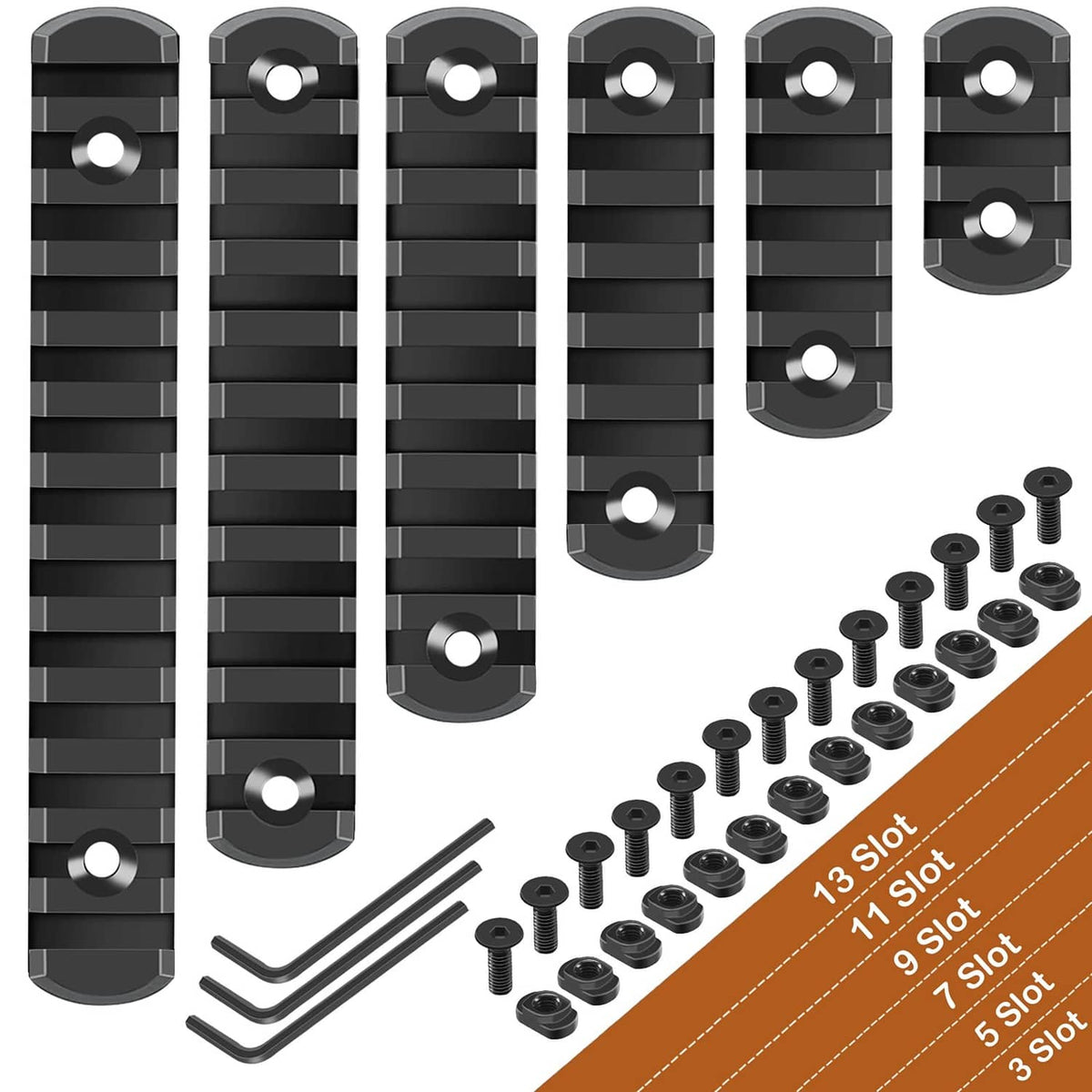 Black picatinny rail set with multiple slot rails, T-nuts, and hex key