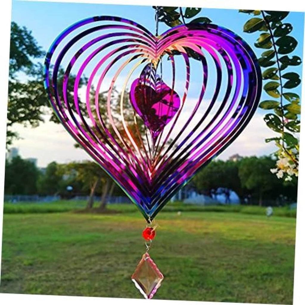 Gradient metal heart wind spinner with hanging crystal pendant, outdoor yard decor