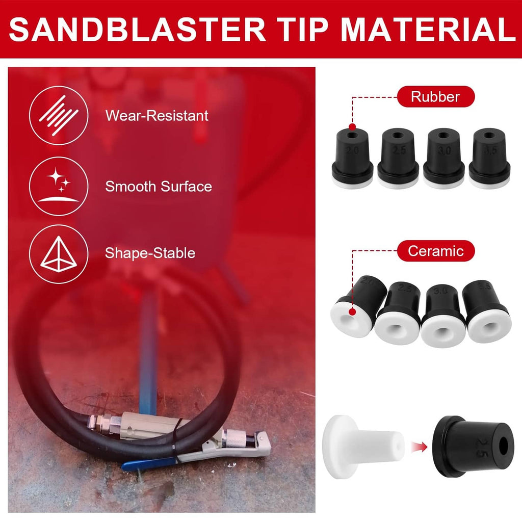 Sandblaster nozzle tips with rubber and ceramic styles, black caps with white inserts