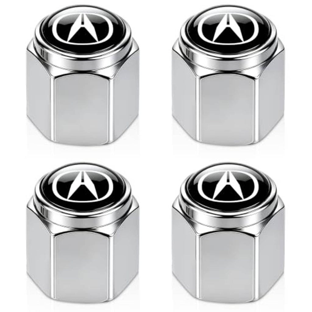 Set of silver metal tire valve stem caps with black caps and white emblem details