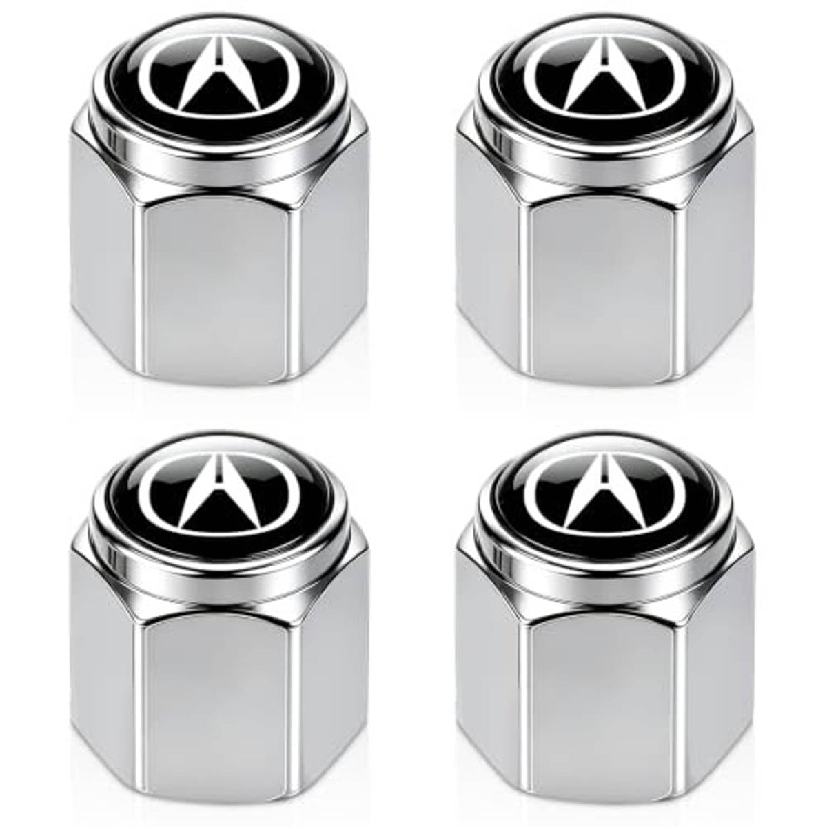 Set of silver metal tire valve stem caps with black caps and white emblem details