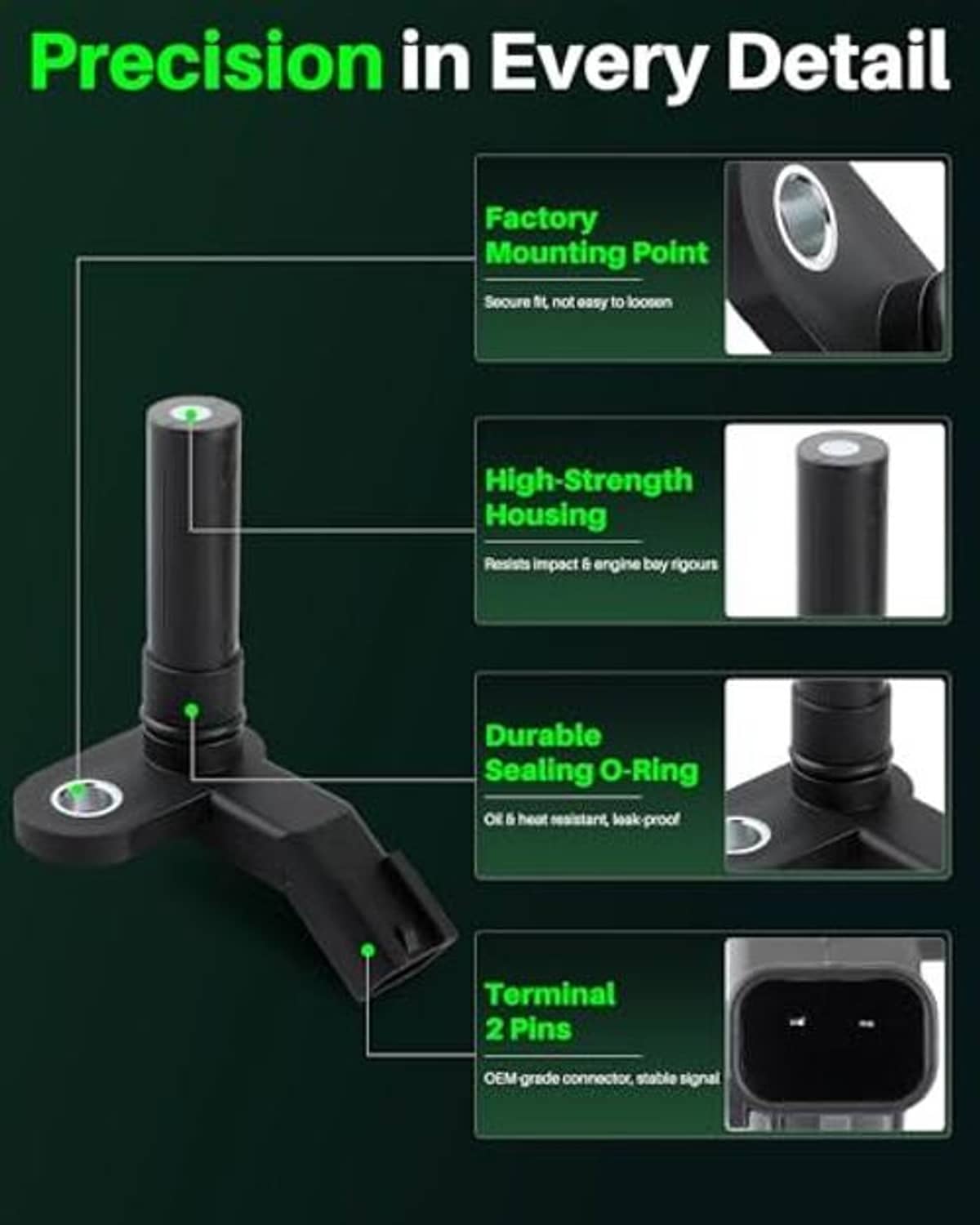 Crankshaft position sensor highlighting O-ring seal and 2-pin terminal on black body