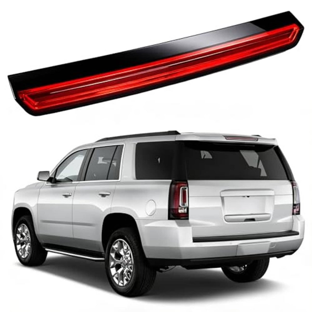 Close-up LED third brake light replacement with red lens bar and black mounting frame