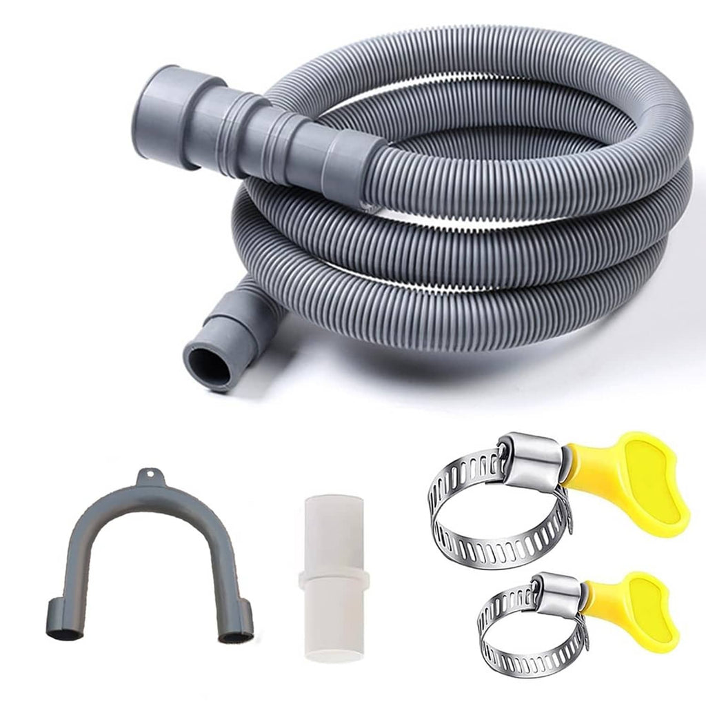 Gray universal washing machine drain hose with flexible corrugated design and end adapter