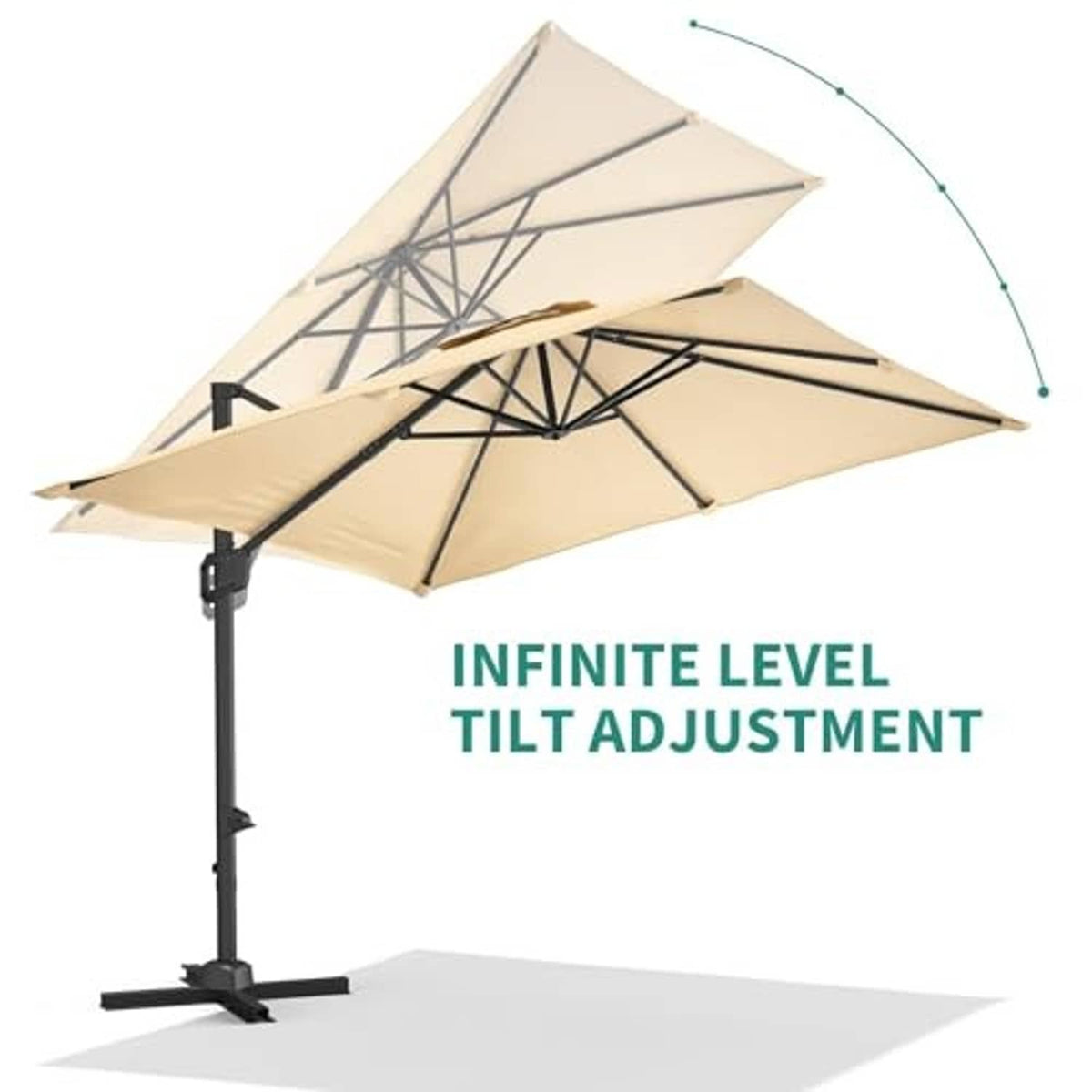 Beige cantilever patio rectangle umbrella tilted for height adjustment, open canopy