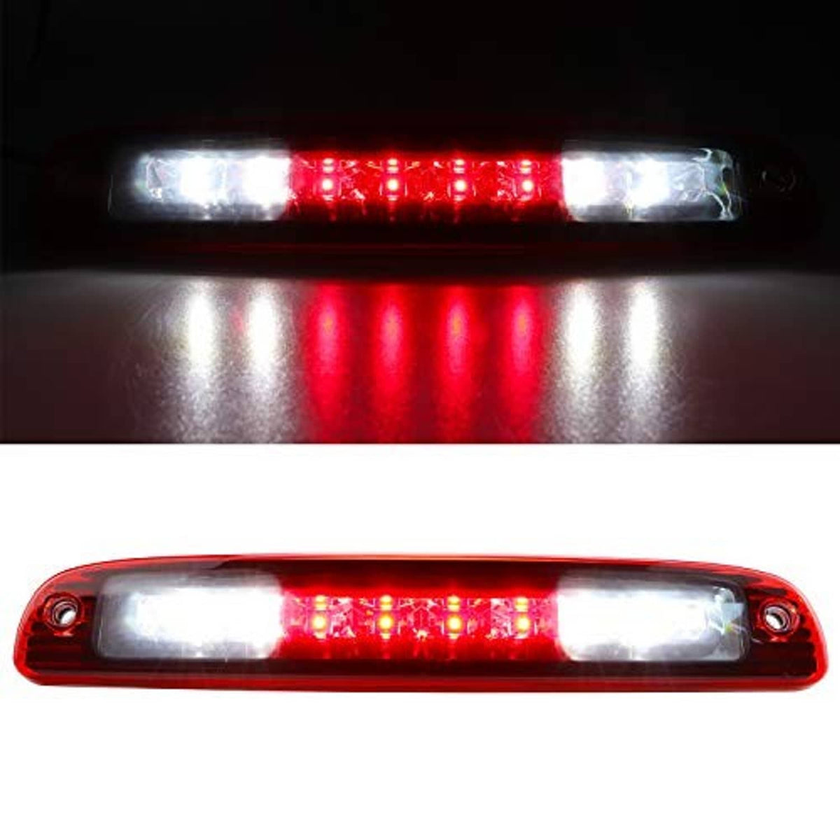 LED third brake light with chrome housing and red lens, illuminated red