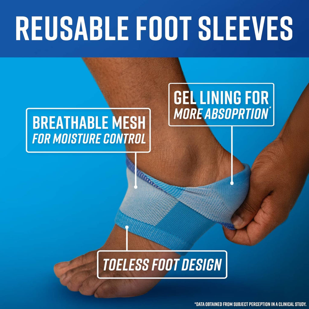 Healthy Feet heel repair kit infographic: breathable mesh, gel lining, toeless foot sleeve design