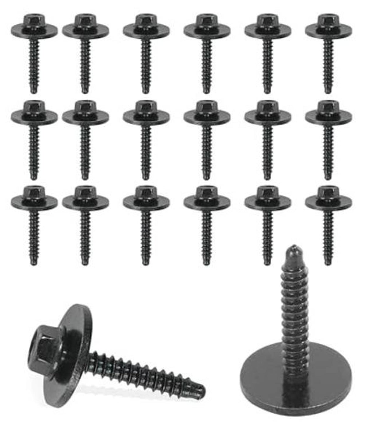 20 black bumper bolts, round heads with threads, shown in staggered layout