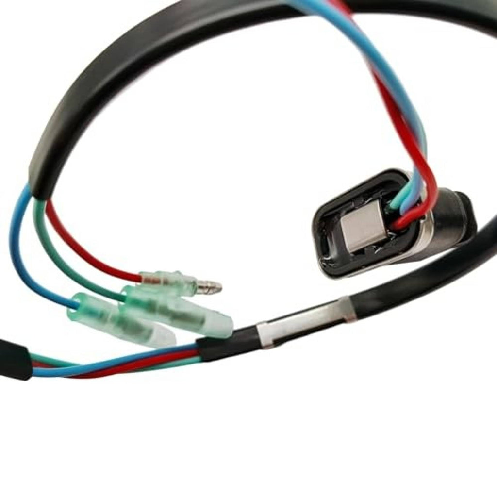 Trim switch cable end with black connector housing and multi-color wires