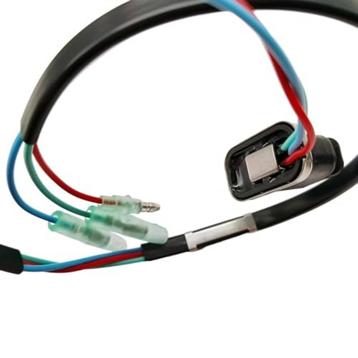 Trim switch cable end with black connector housing and multi-color wires