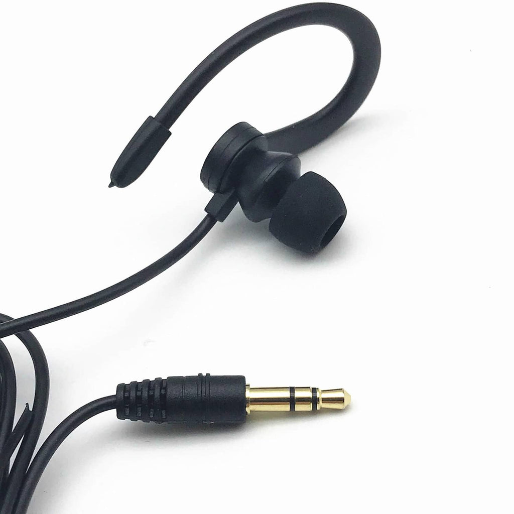 Black earbuds with 3.5mm plug and gold connector, flat cable and earhooks.