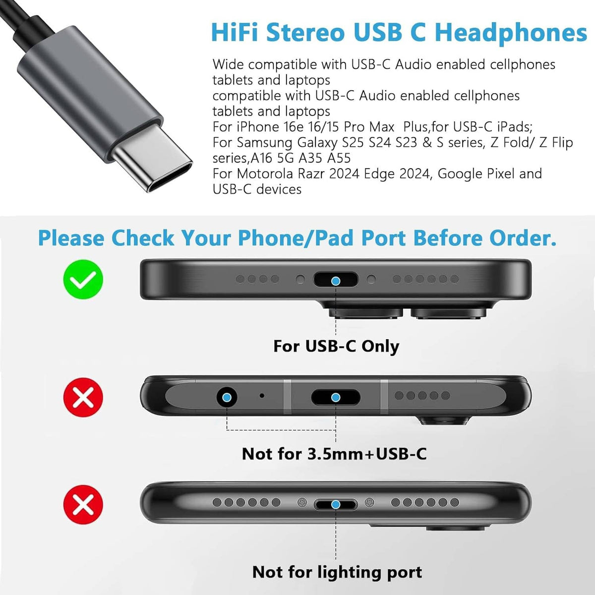 USB-C wired headphones with USB-C connector and inline remote shown for port fit