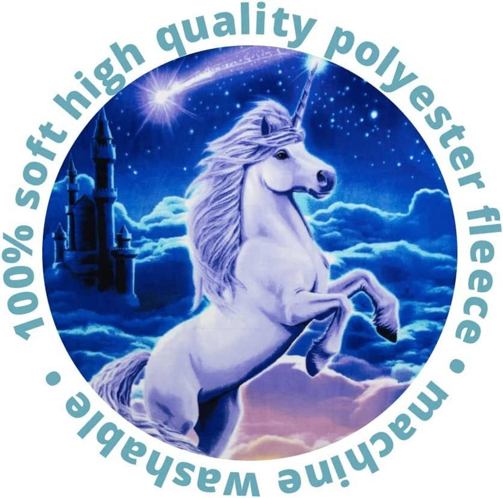 Unicorn fleece blanket close-up design with white unicorn on blue starry sky