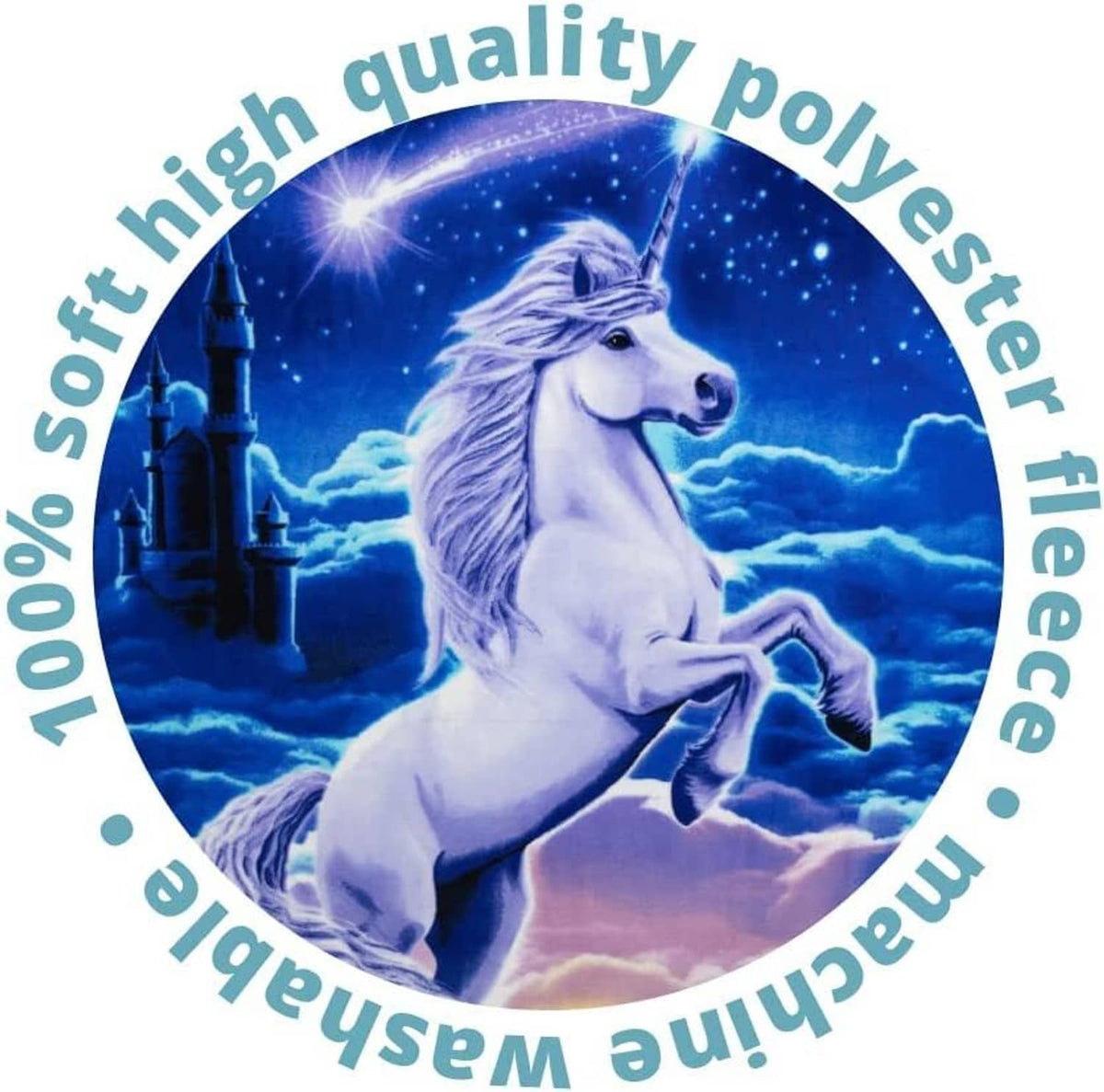 Unicorn fleece blanket close-up design with white unicorn on blue starry sky