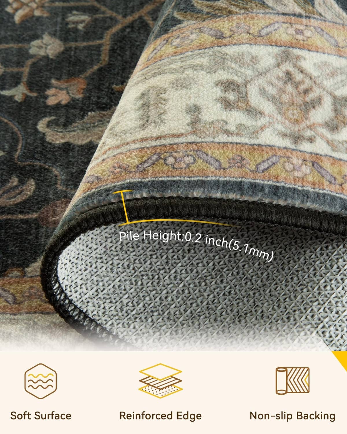 Rug edge close-up with textured low pile and reinforced border stitching