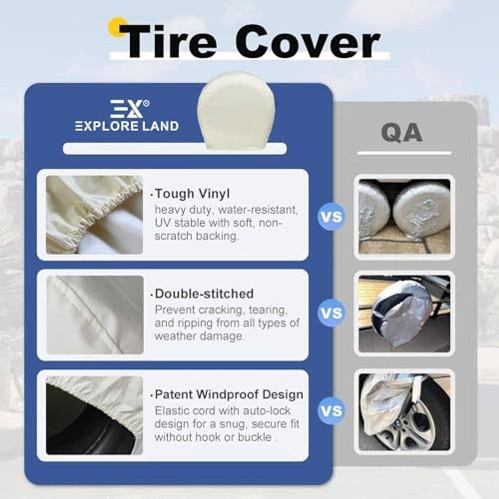 Four off-white tire covers displayed on product packaging