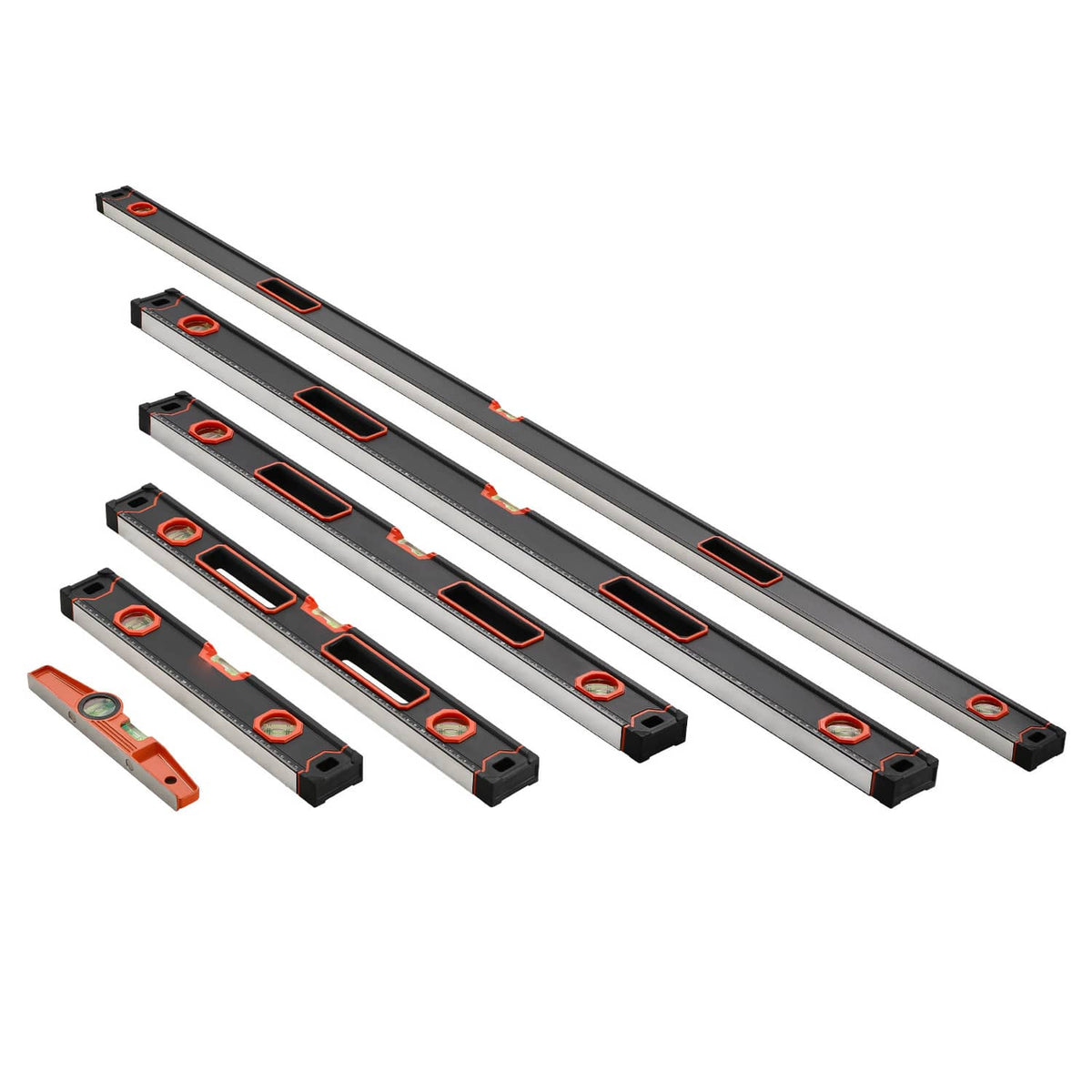 Six-piece magnetic torpedo level set with black bars, orange vials, and multiple lengths