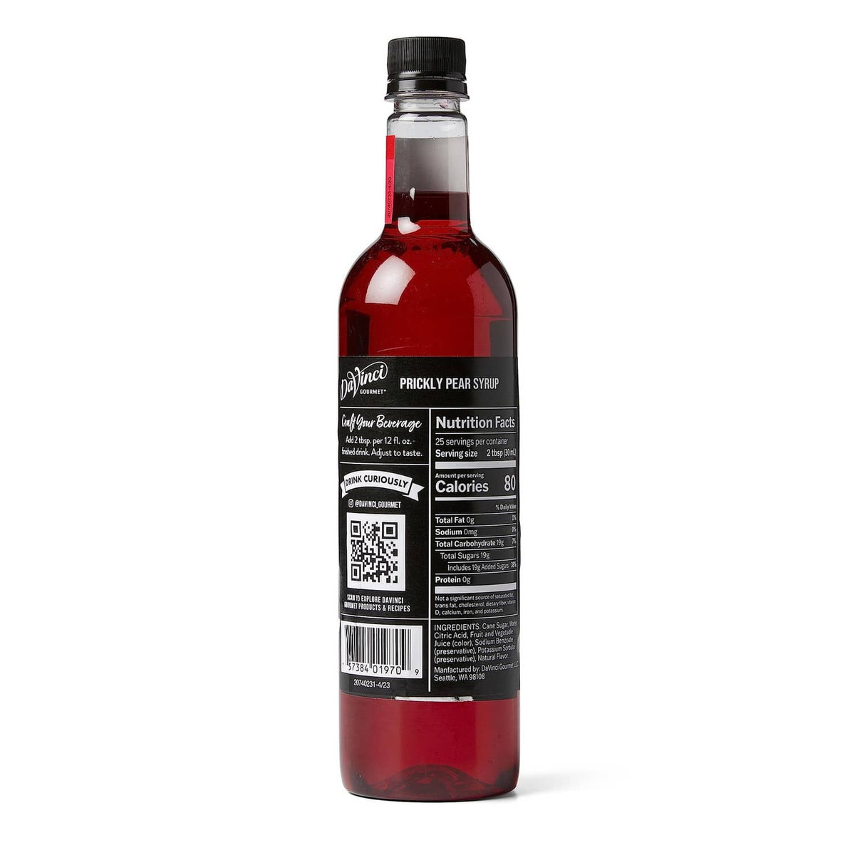 DaVinci Gourmet prickly pear syrup bottle with nutrition label on back