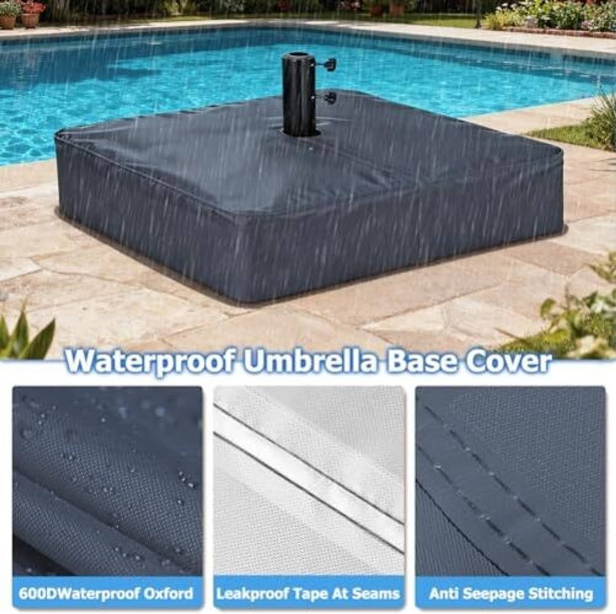 Grey umbrella base cover with waterproof fabric texture and pole opening over base