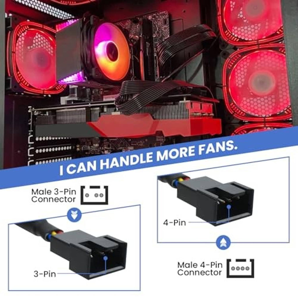 PWM fan splitter connectors with 4-pin and 3-pin lead illustrated for PC fan control