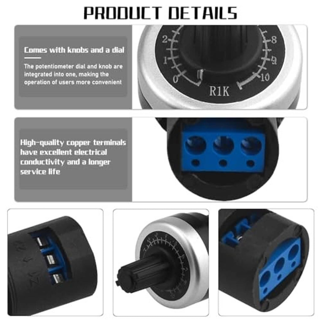 Rotary potentiometer details showing dial scale and blue terminal block on black housing