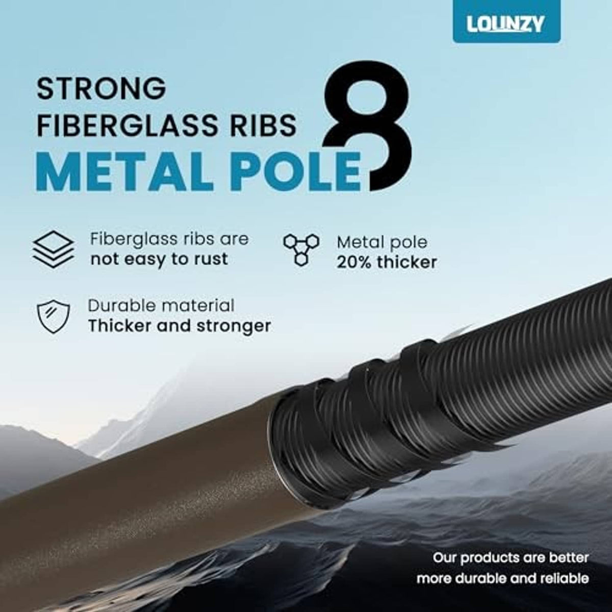 Taupe umbrella with black rib frame and metal pole; close-up on strong ribs