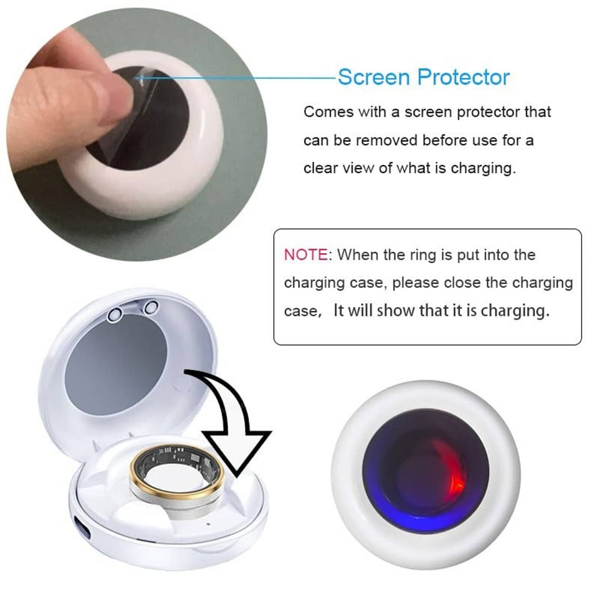 White smart ring charging case with screen protector and charging indicator light