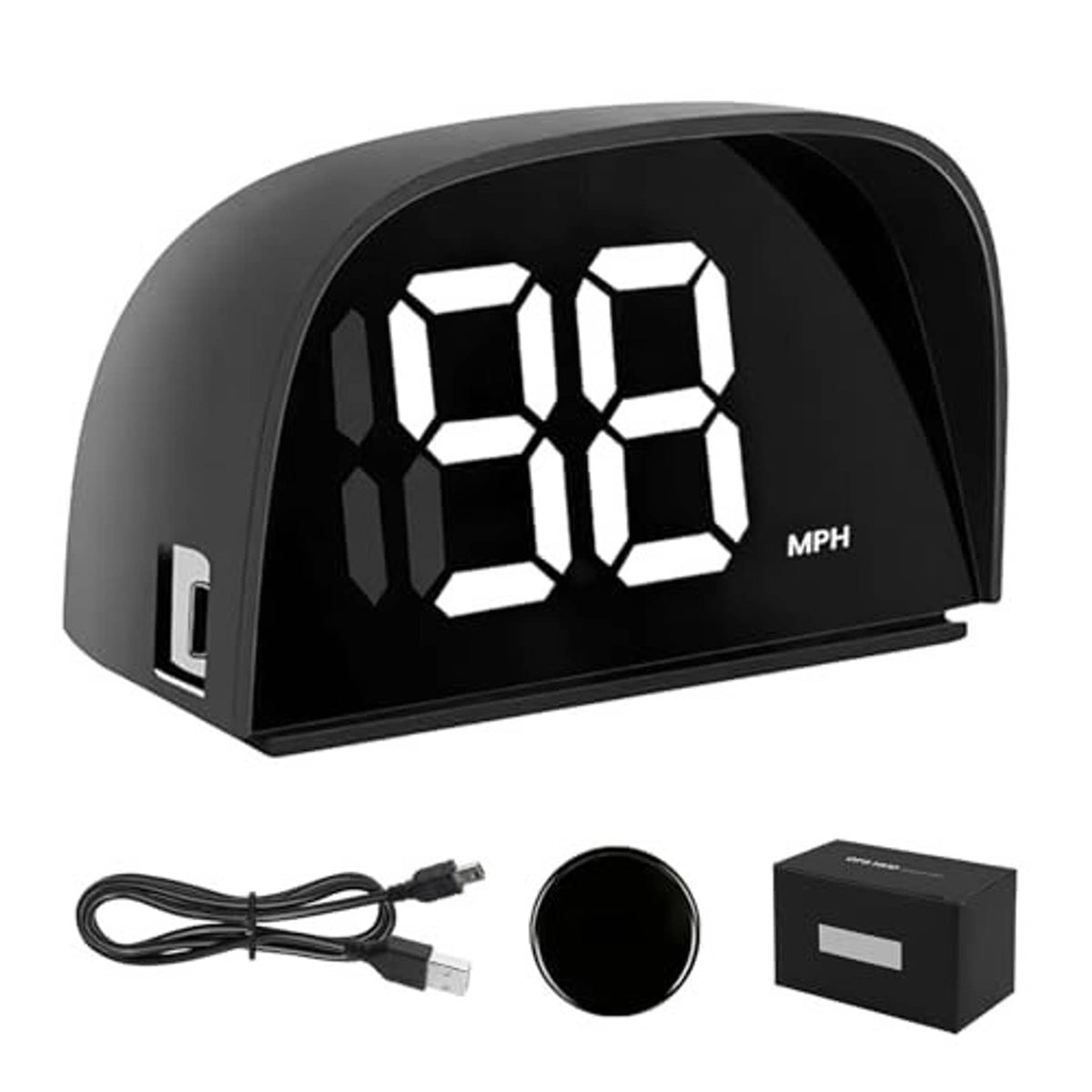 GPS digital car speedometer HUD set: black display unit, USB cable, round sensor, and box
