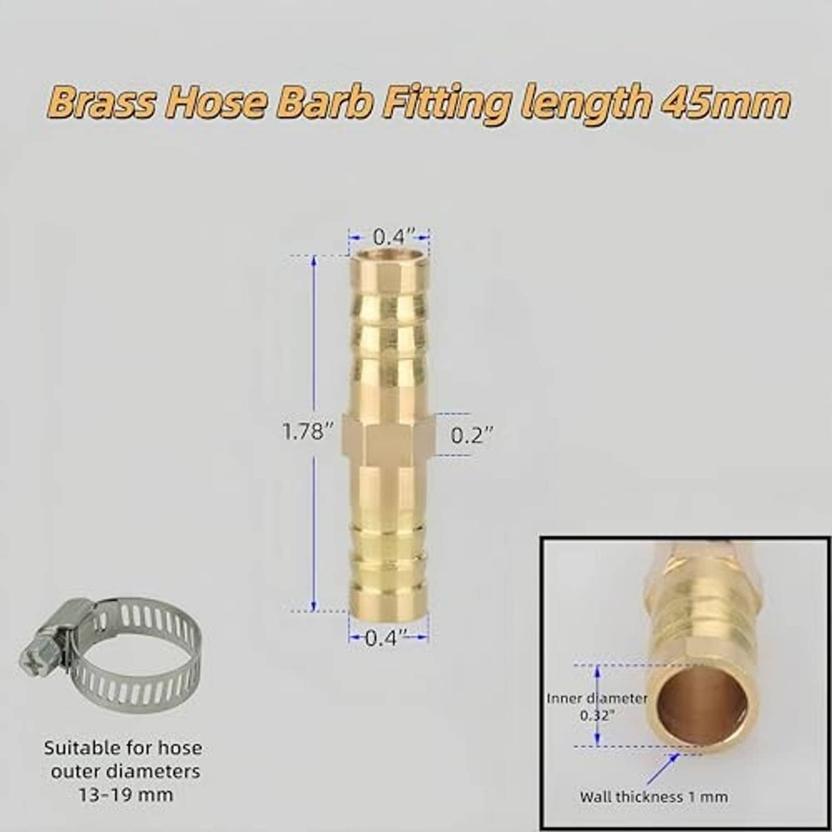 Brass hose barb fitting with barbed end opening and included worm-gear clamp