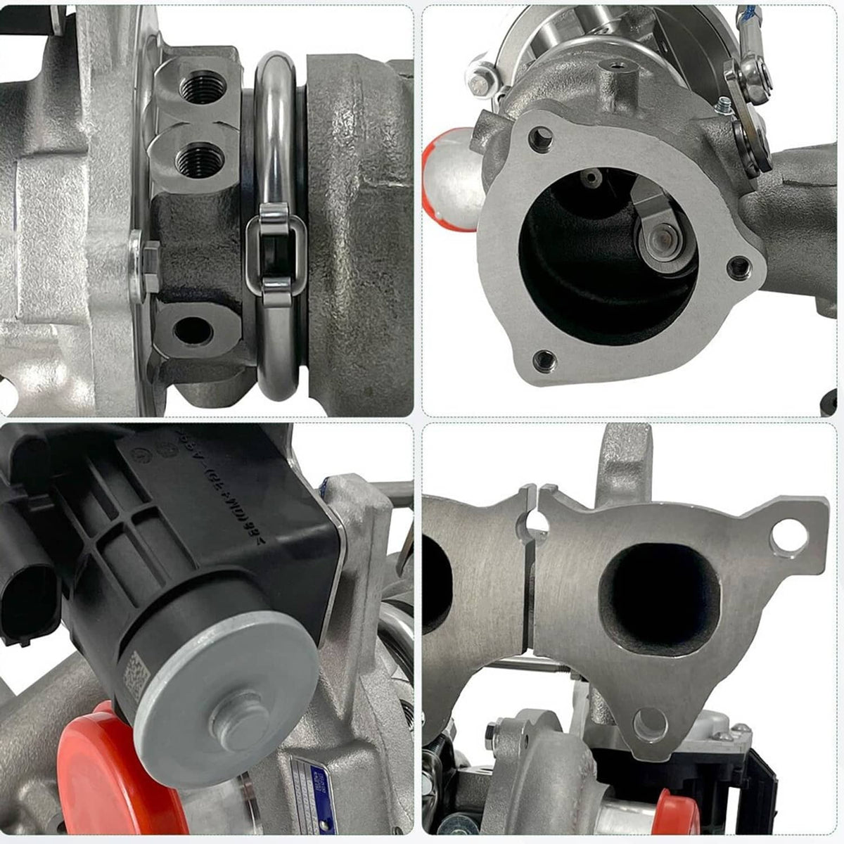 Close-up views of turbocharger connections and gasket surfaces, with red vacuum port