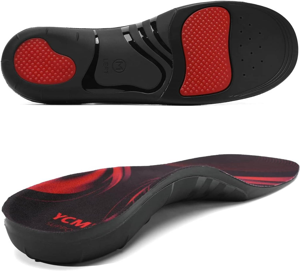 Orthotic insoles with red cushioning zones and black perforations for airflow