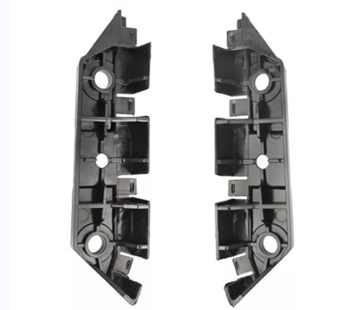 Pair of front bumper retainer brackets with mounting holes, black plastic