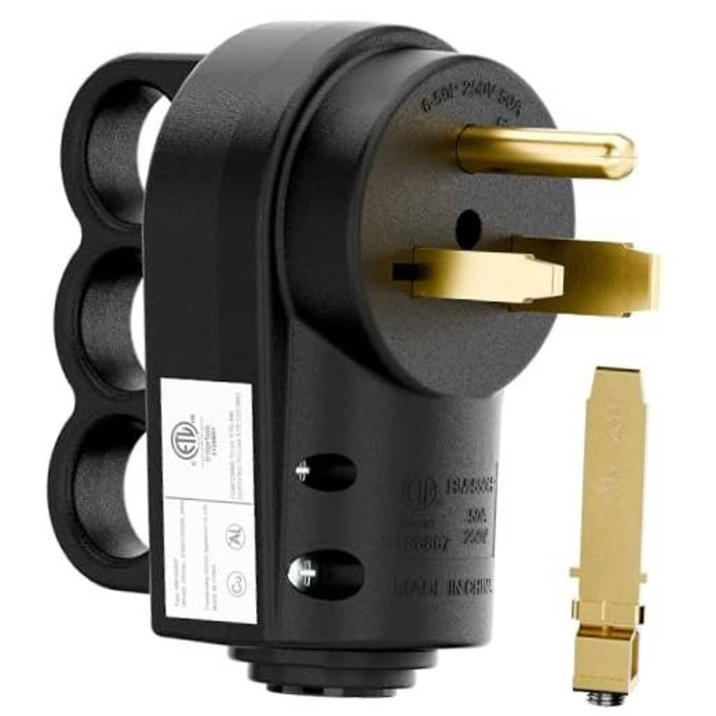Black NEMA welder plug with brass prong pins and side grounding contacts