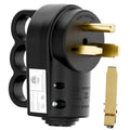 Black NEMA welder plug with brass prong pins and side grounding contacts