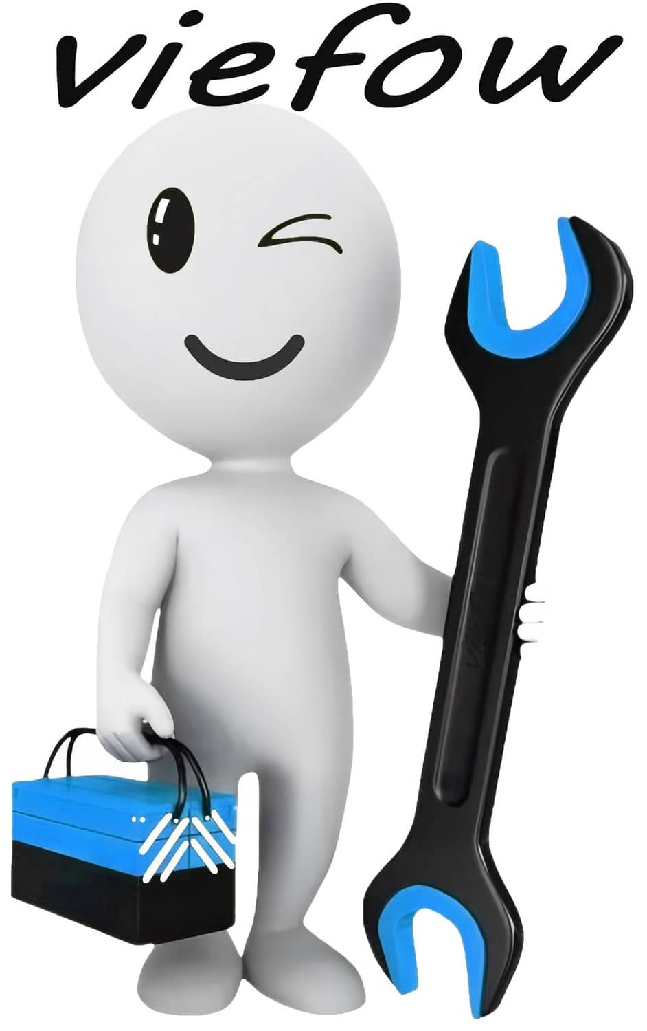 White character holding a blue toolbox and an adjustable wrench