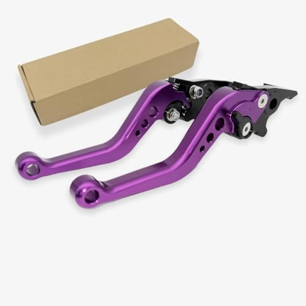 Universal adjustable aluminum motorbike brake lever pair, purple levers and black bracket