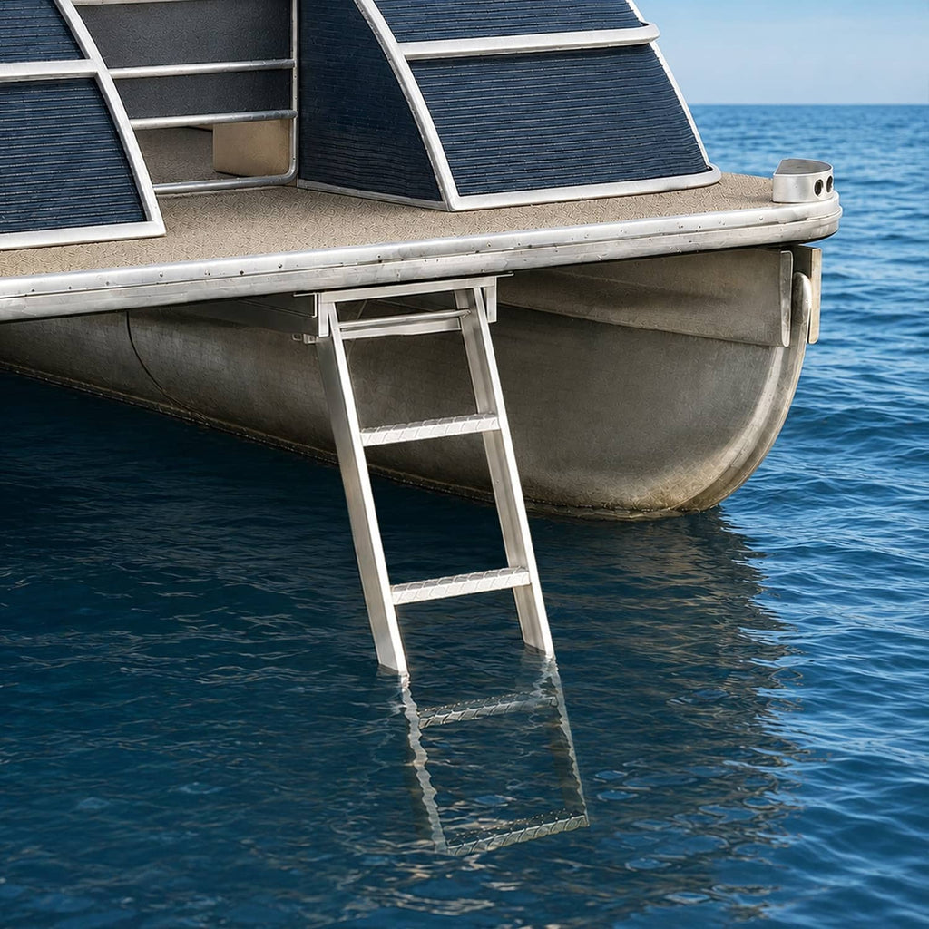 Silver 4-step ladder mounted under pontoon deck with four metal steps