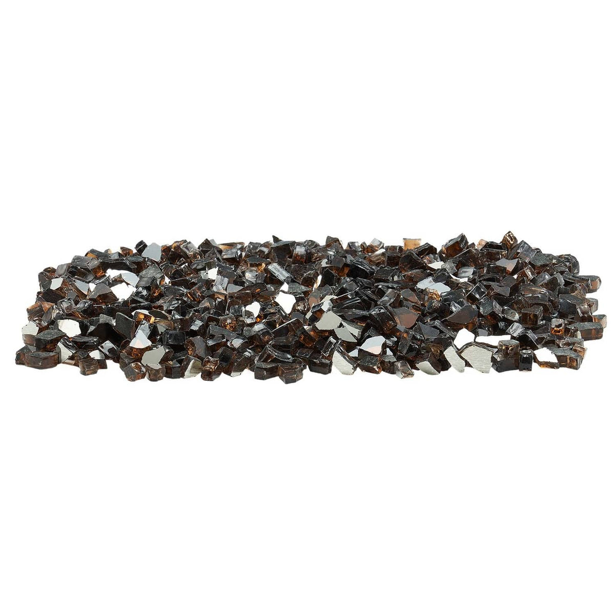 Copper 1/2-inch fire pit glass rocks, crushed reflective pieces in a flat pile