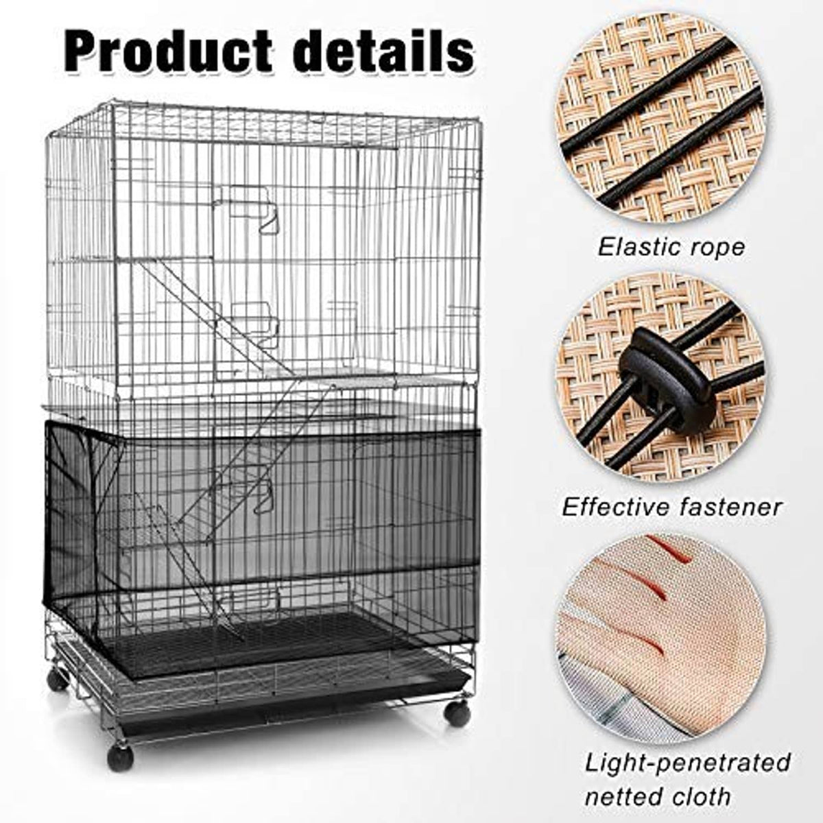 Black birdcage cover net with elastic rope and lightweight netting detail