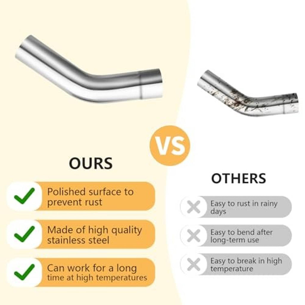 Polished stainless steel 45-degree exhaust elbow pipes, shown with comparison inset
