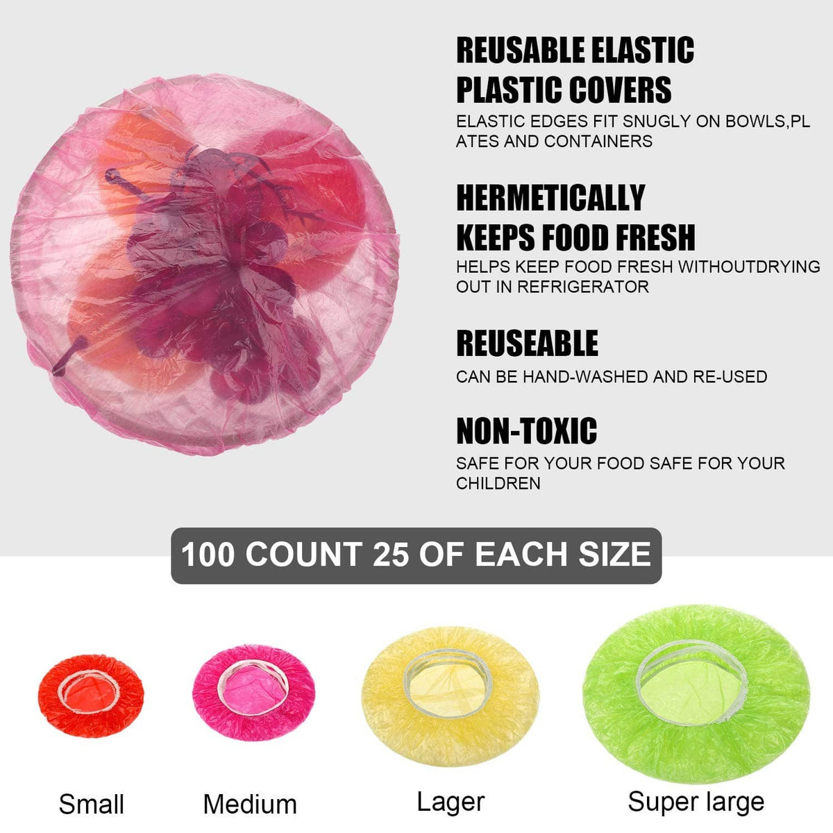 Set of reusable elastic food covers in pink, green, yellow, and red circles, assorted sizes