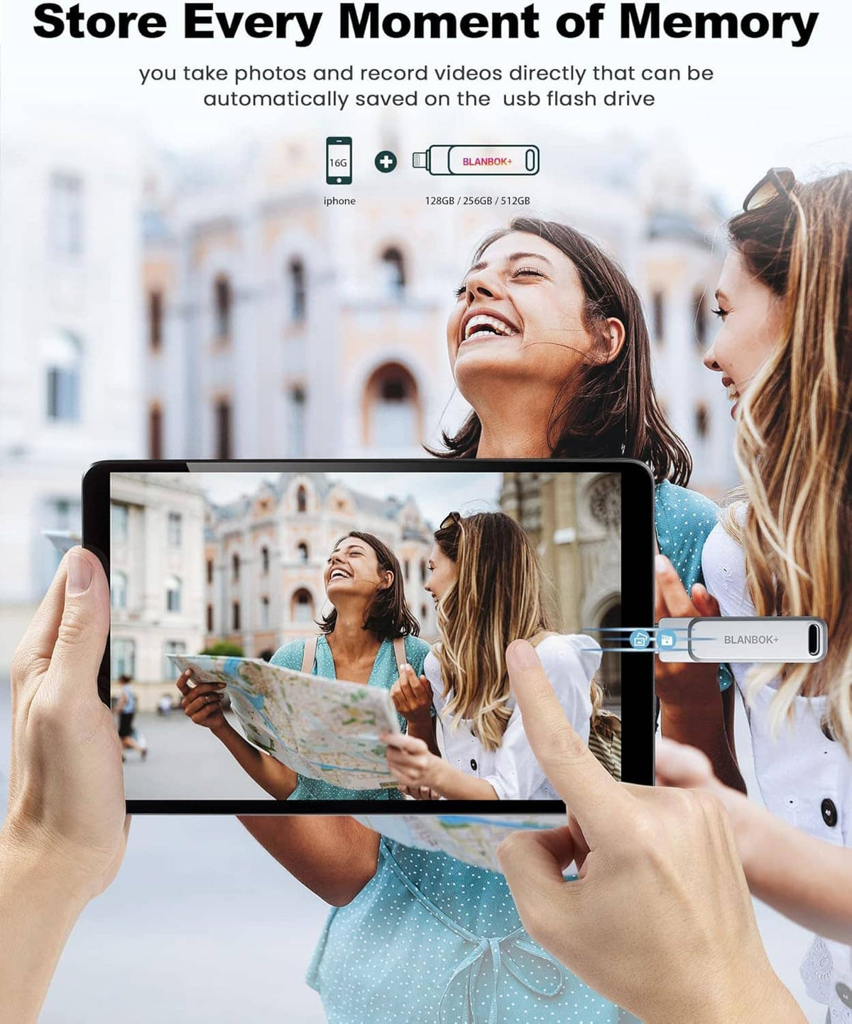 Gray BLANBOKX USB flash drive shown connected for saving photos and videos
