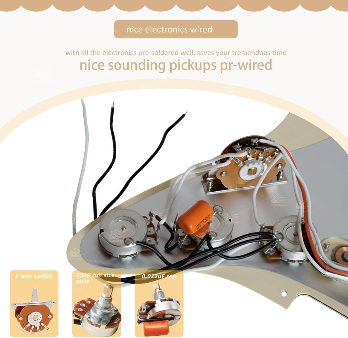 Prewired guitar pickguard electronics with orange capacitors and mounted circuit parts