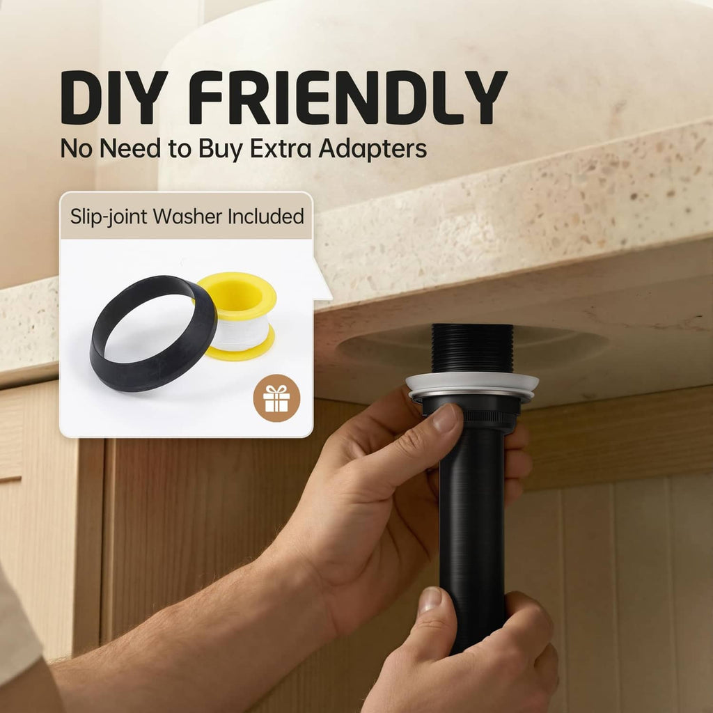Oil-rubbed bronze sink drain being installed by hand, with slip-joint washer
