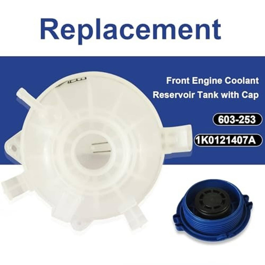 Front coolant reservoir tank with cap, blue lid and outlet, white plastic