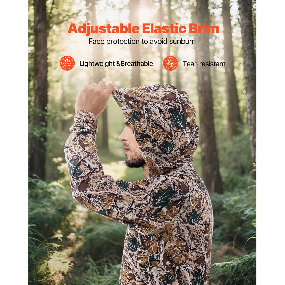 Camo pullover hoodie with adjustable hood brim and lightweight breathable fabric