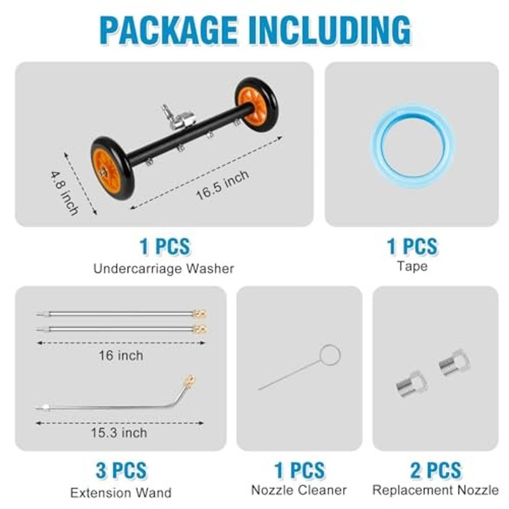 Undercarriage washer kit: black wand with orange wheels, extension wands and nozzles