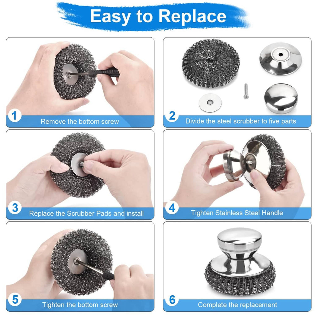 Stainless steel scrubber replacement parts with circular wire pads and handle