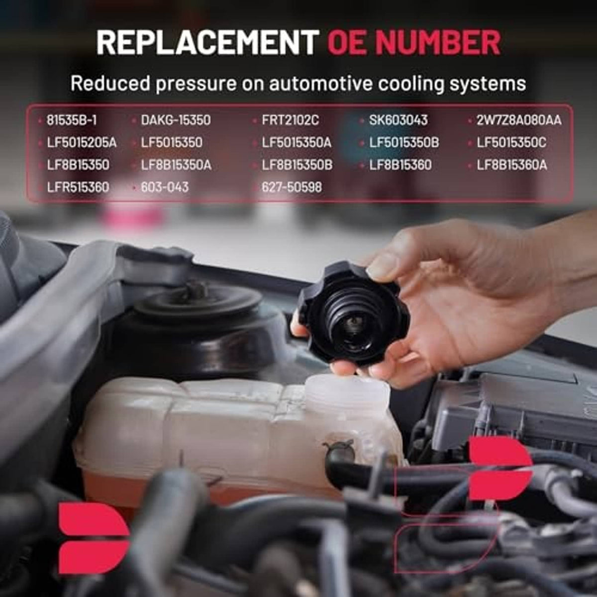 Engine coolant overflow tank with hand holding black cap near engine bay