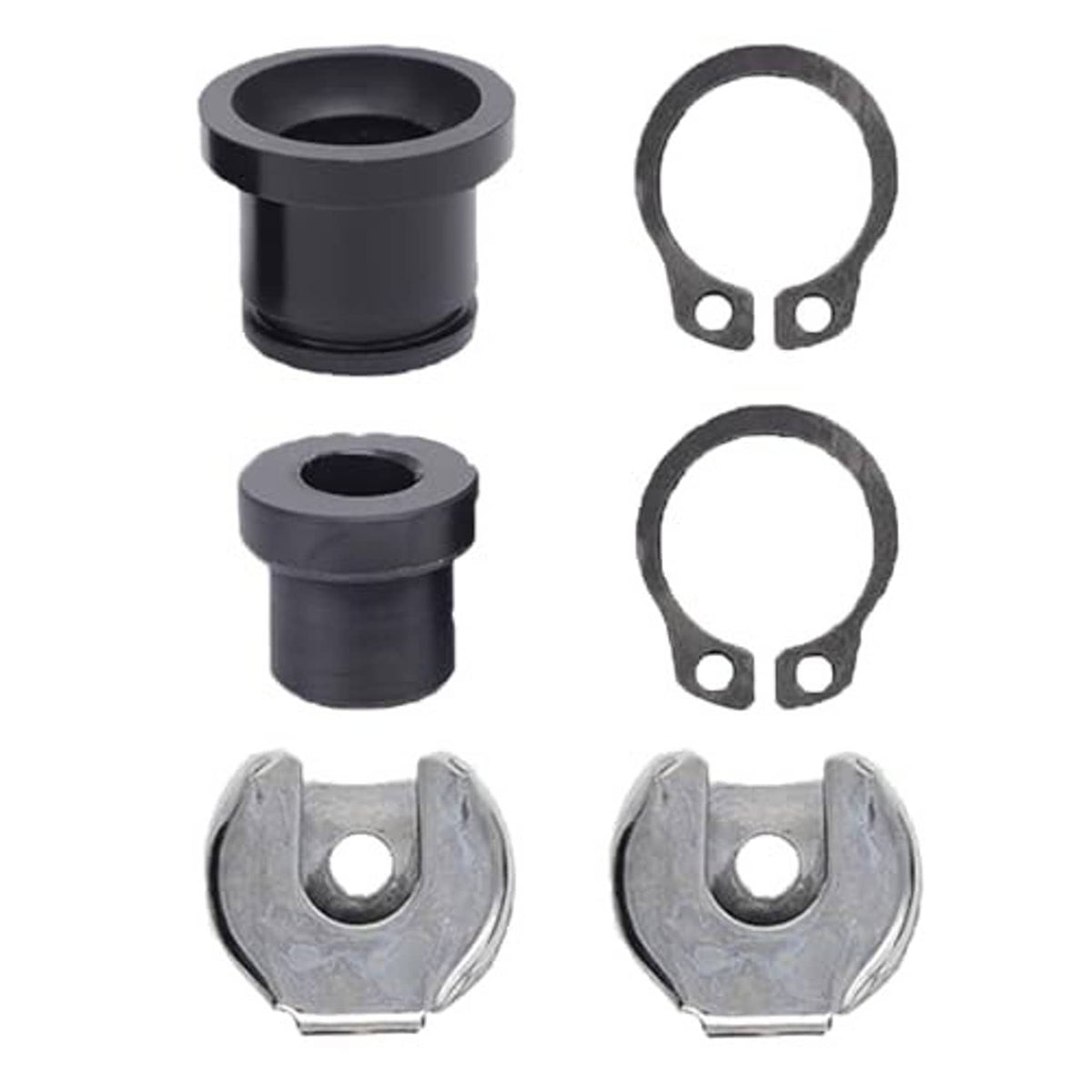 Shift cable bushing repair kit showing black sleeves and two pairs of metal retainer rings